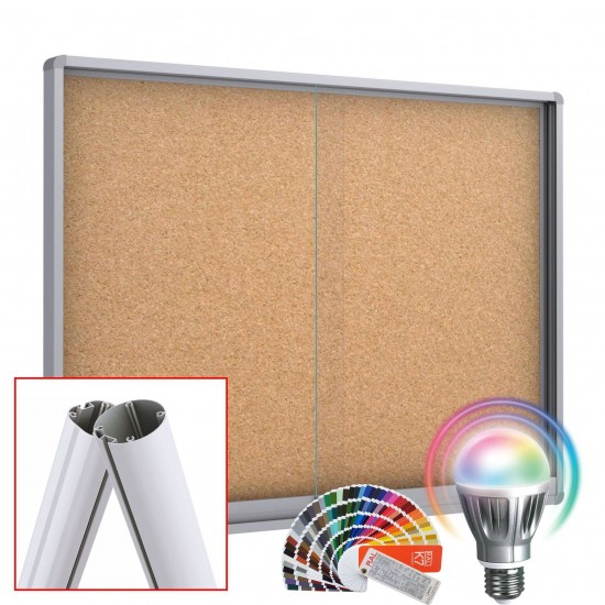 MIDI Sliding Free Standing LED-RAL Noticeboard with Baseplate - Cork 12 x DIN A4 (Round Corner)